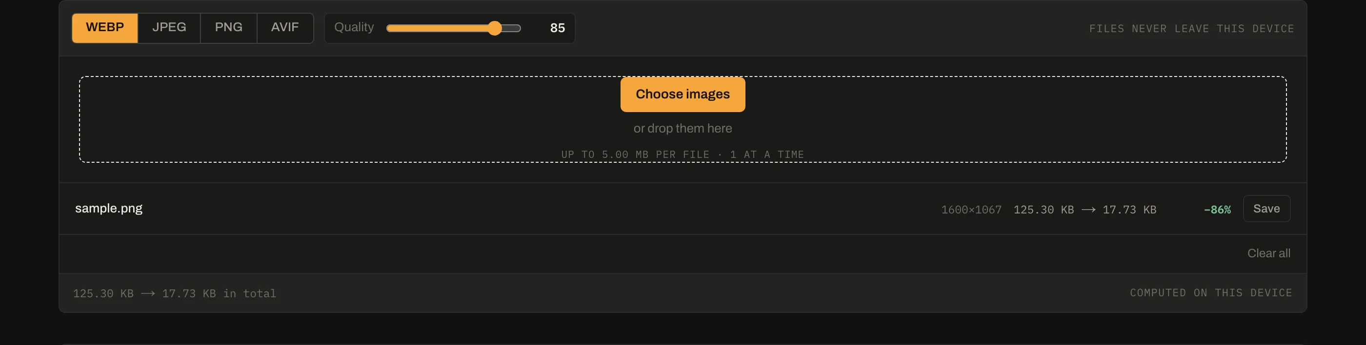 The size column makes the format choice concrete: the same photograph as JPEG, WebP and AVIF.