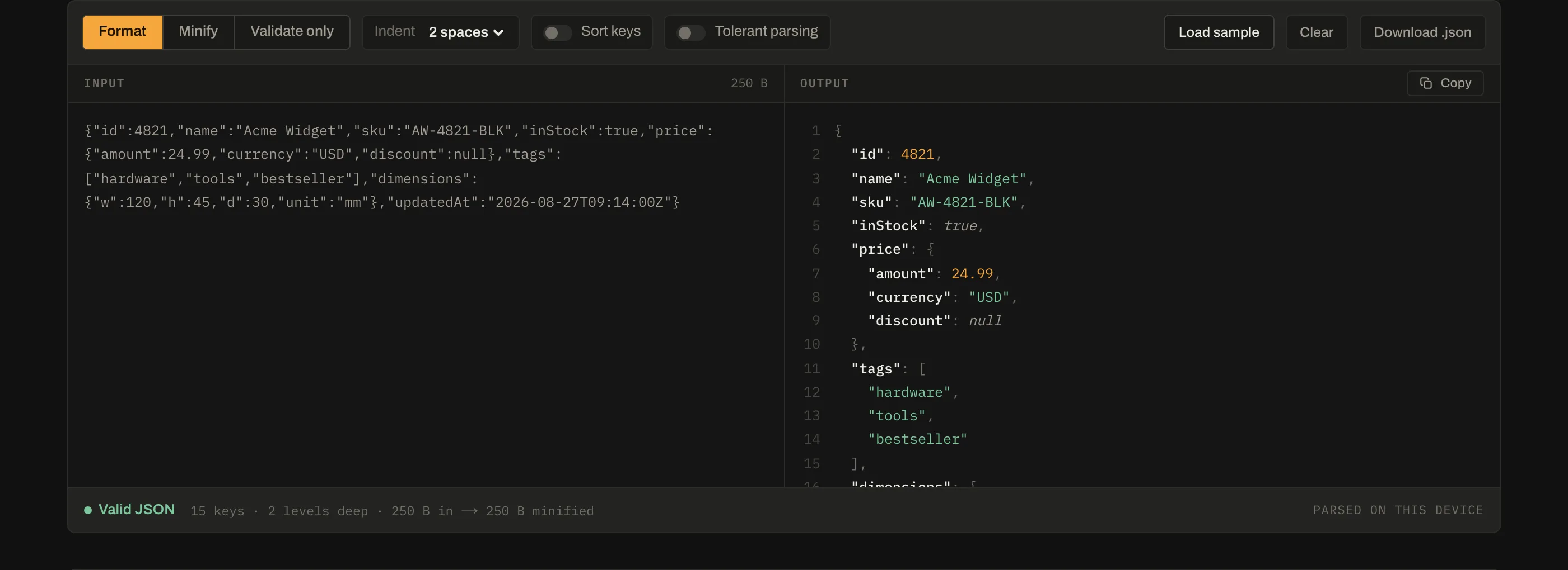 An invalid payload: the status bar names the line and column where parsing stopped.