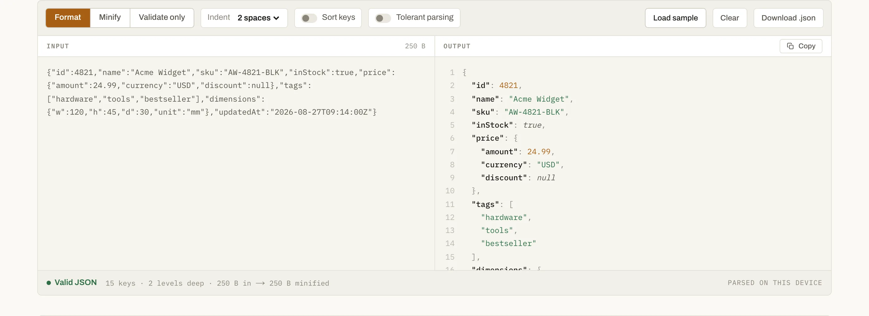 An invalid payload: the status bar names the line and column where parsing stopped.