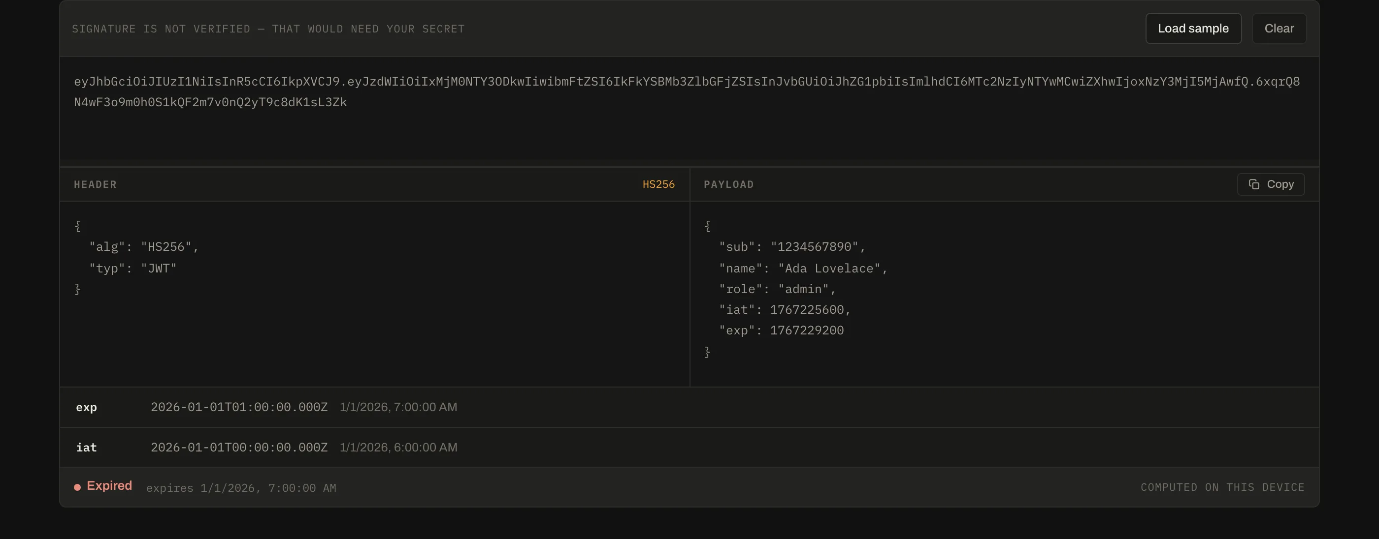 An expired token: the status bar says so before you have to read the exp claim yourself.