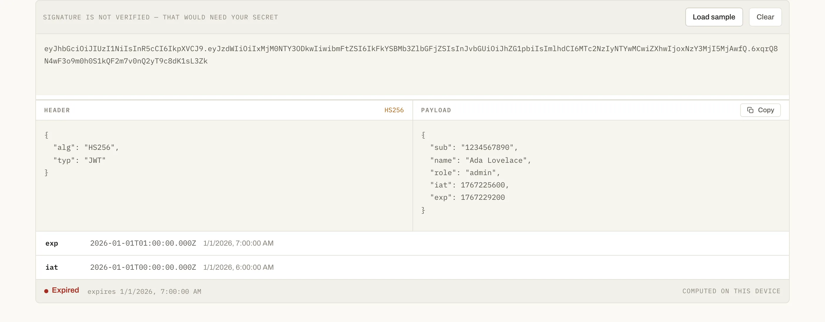 An expired token: the status bar says so before you have to read the exp claim yourself.