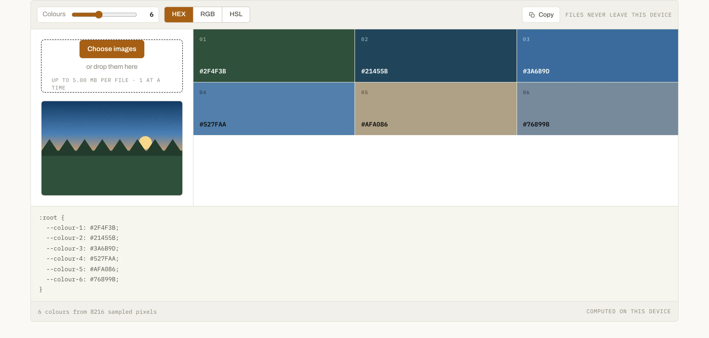 Swatches are ordered by coverage, so the first one is what the eye reads as dominant.
