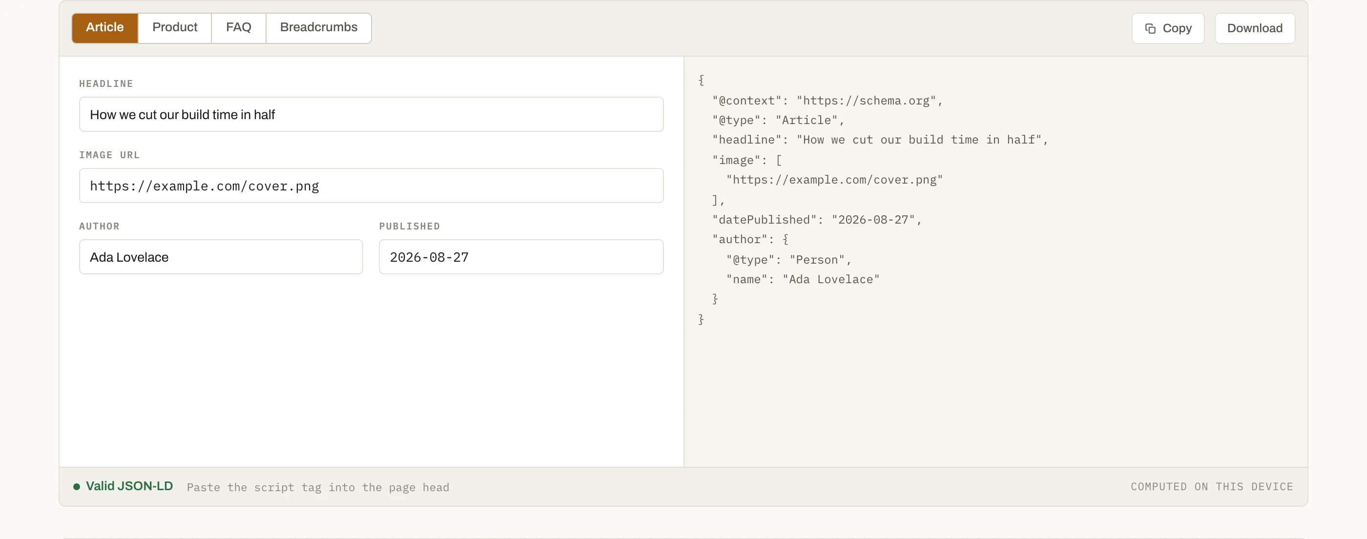 Switching the type rebuilds the JSON-LD with the fields that type actually requires.